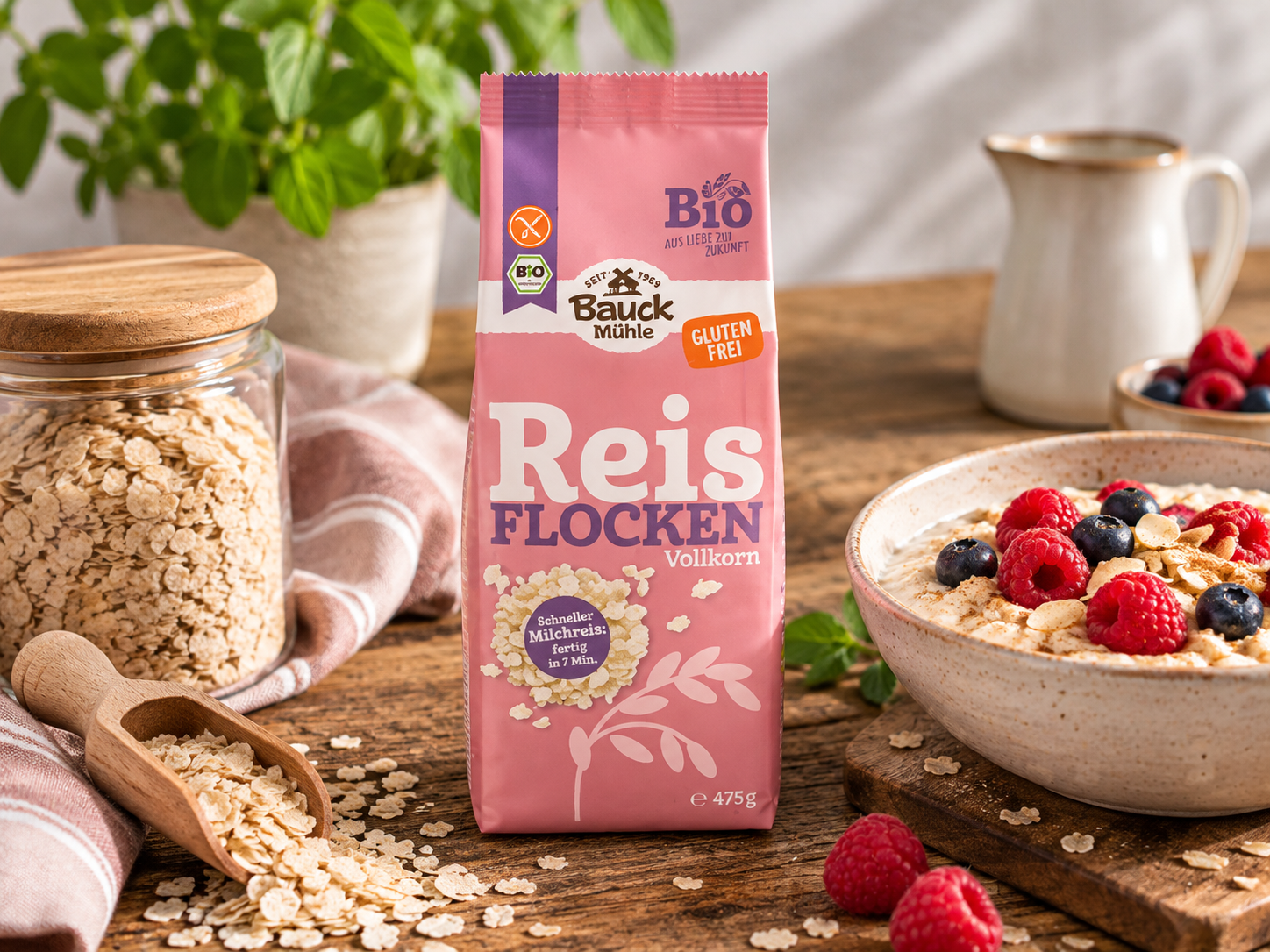Bezlepkové rýžové VLOČKY celozrnné BIO 475 g - Bauck